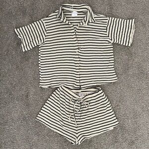 By Frankie - Cream & Black Striped button top and short set - Small